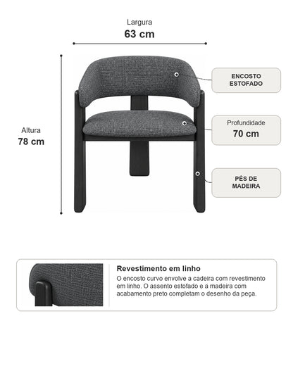 Cadeira de Madeira Maciça Estofada Lunea - Preto c/ Linho Chumbo