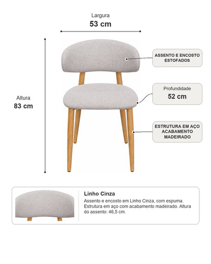 Cadeira de Aço Estofada Loran - Linho Cinza c/ Madeirado