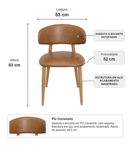 Cadeira de Aço Estofada Loran - PU Caramelo c/ Madeirado