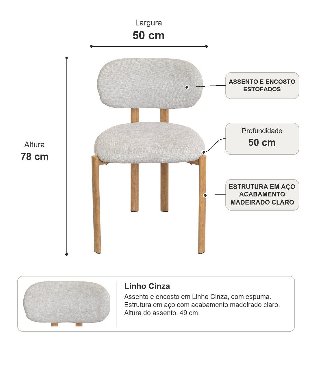 Cadeira de Aço Estofada Tellar - Linho Cinza c/ Madeirado Claro