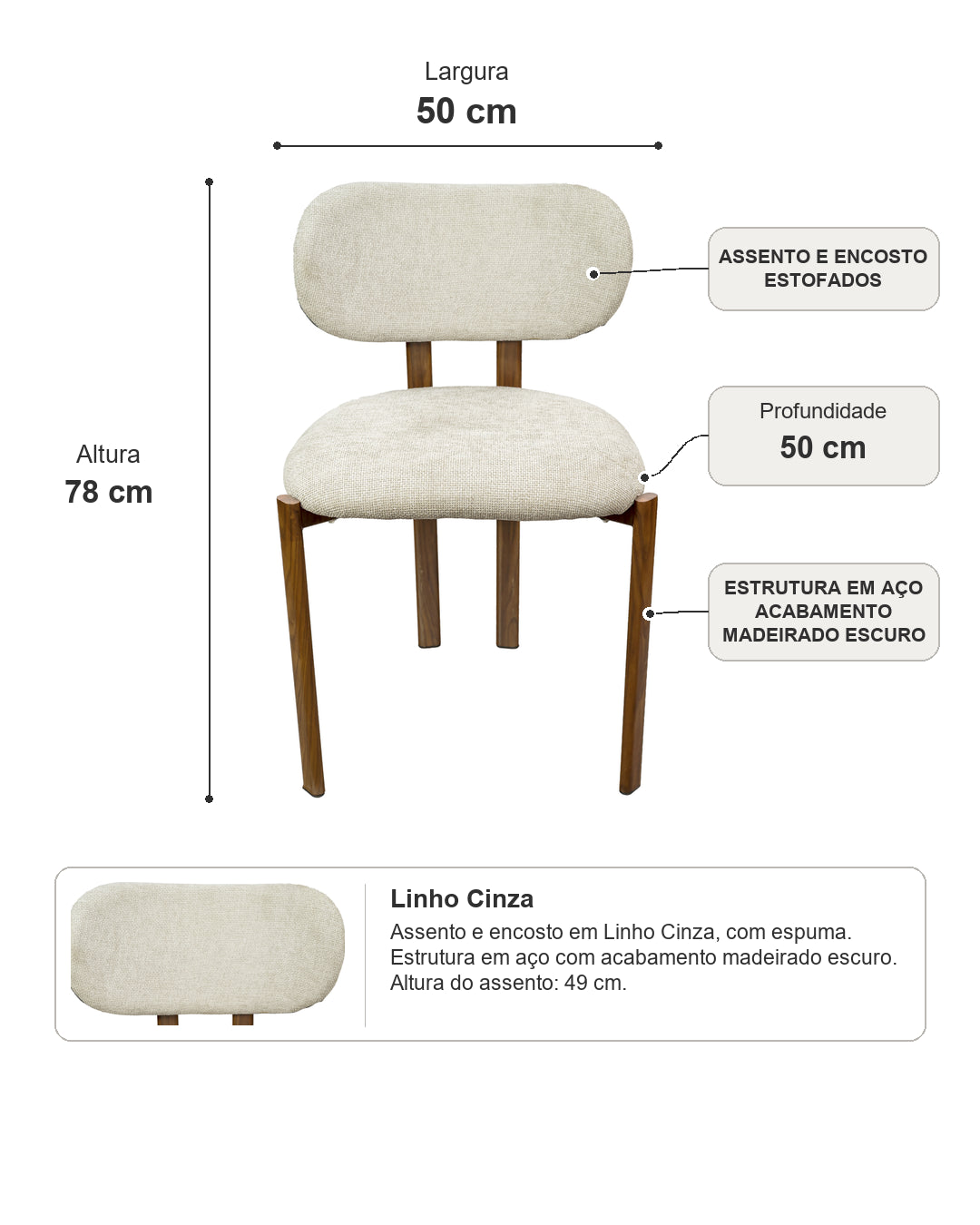 Cadeira de Aço Estofada Tellar - Linho Cinza c/ Madeirado Escuro