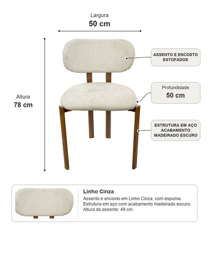 Cadeira de Aço Estofada Tellar - Linho Cinza c/ Madeirado Escuro