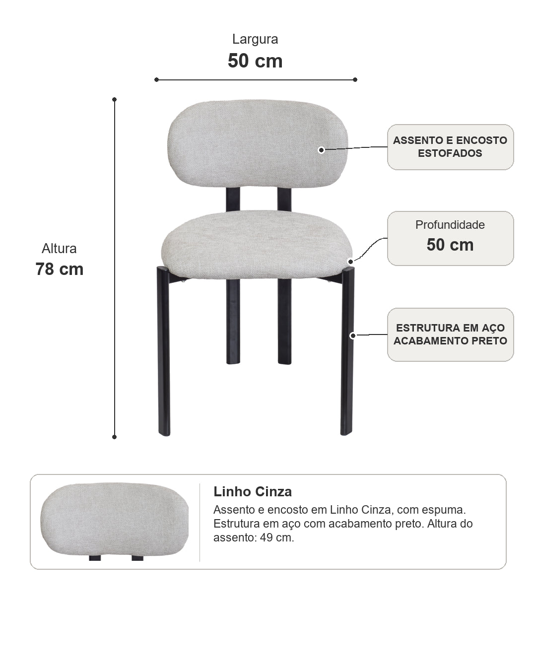 Cadeira de Aço Estofada Tellar - Linho Cinza c/ Preto
