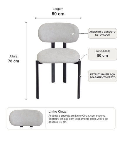 Cadeira de Aço Estofada Tellar - Linho Cinza c/ Preto