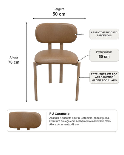 Cadeira de Aço Estofada Tellar - Pu Caramelo c/ Madeirado Claro