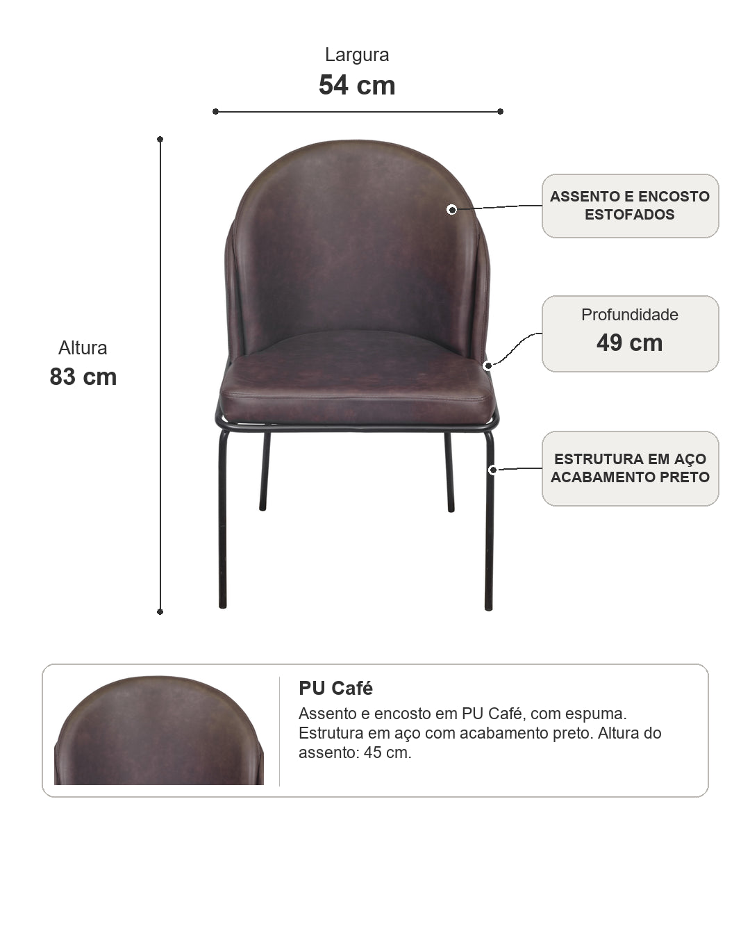 Cadeira de Aço Estofada Vetra - PU Café c/ Preto