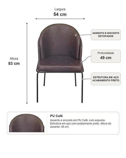 Cadeira de Aço Estofada Vetra - PU Café c/ Preto