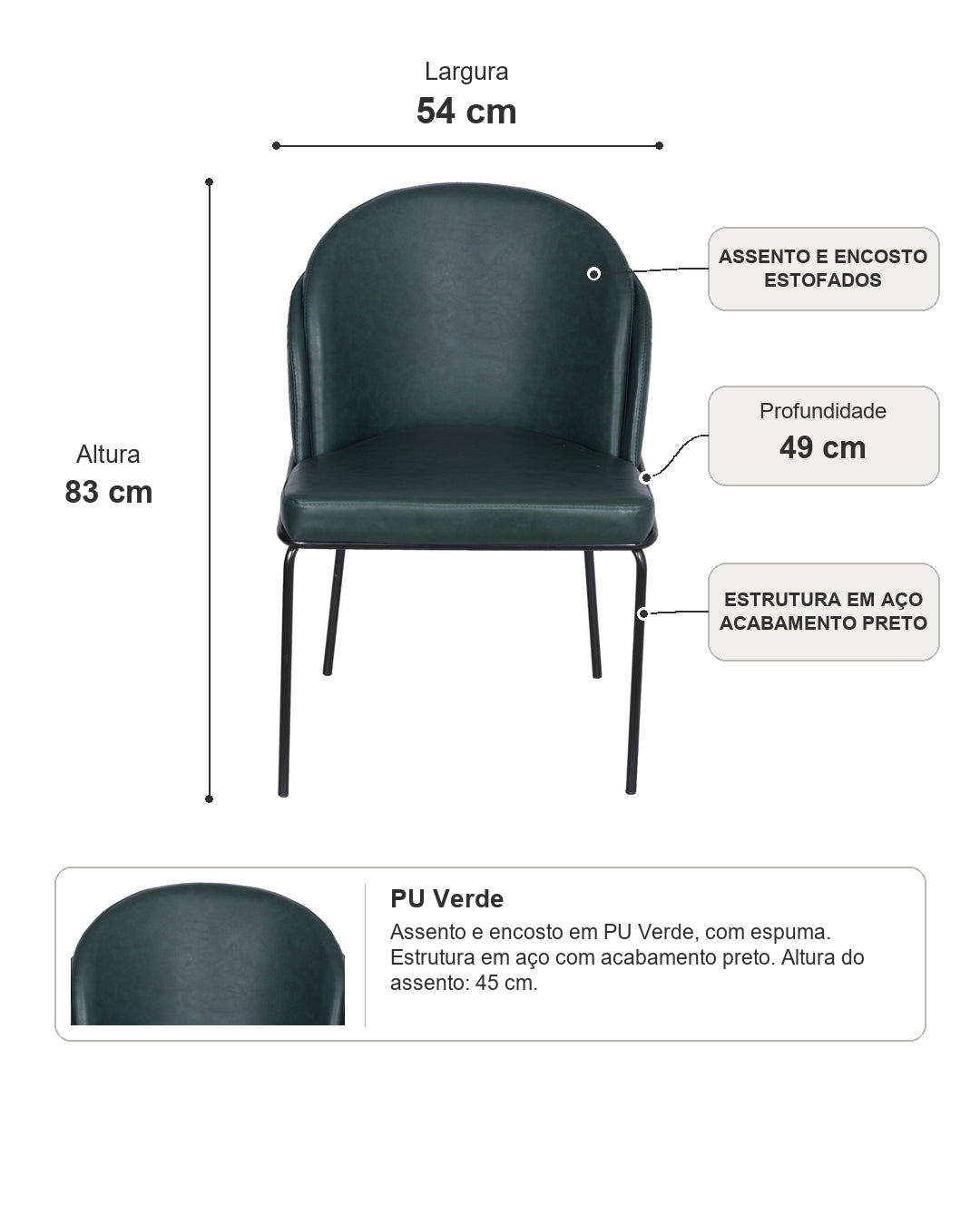Cadeira de Aço Estofada Vetra - PU Verde c/ Preto