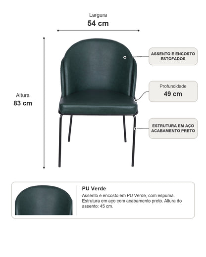 Cadeira de Aço Estofada Vetra - PU Verde c/ Preto