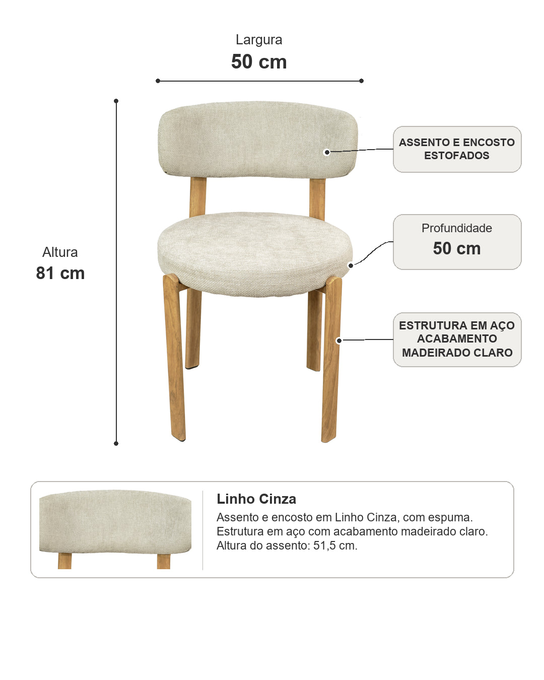 Cadeira de Aço Estofada Zuri - Linho Cinza c/ Madeirado Claro