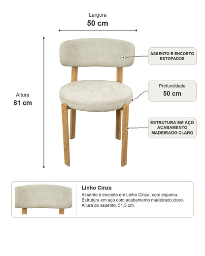 Cadeira de Aço Estofada Zuri - Linho Cinza c/ Madeirado Claro