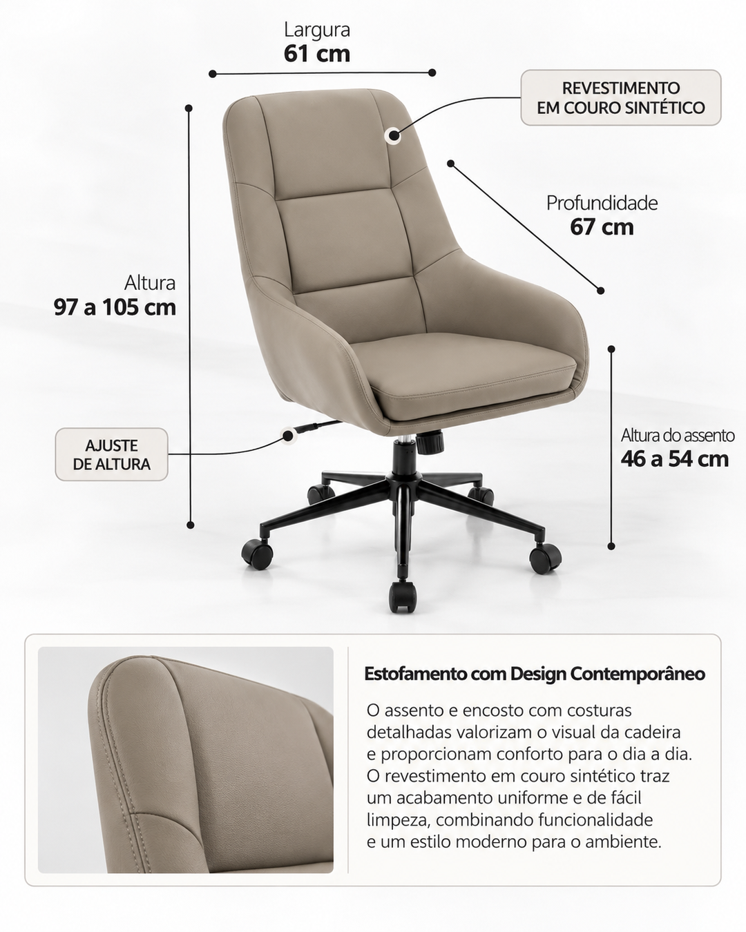 Cadeira de Escritório Diretor Giratória com Apoio de Braços e Regulagem de Altura Midtown - Fendi
