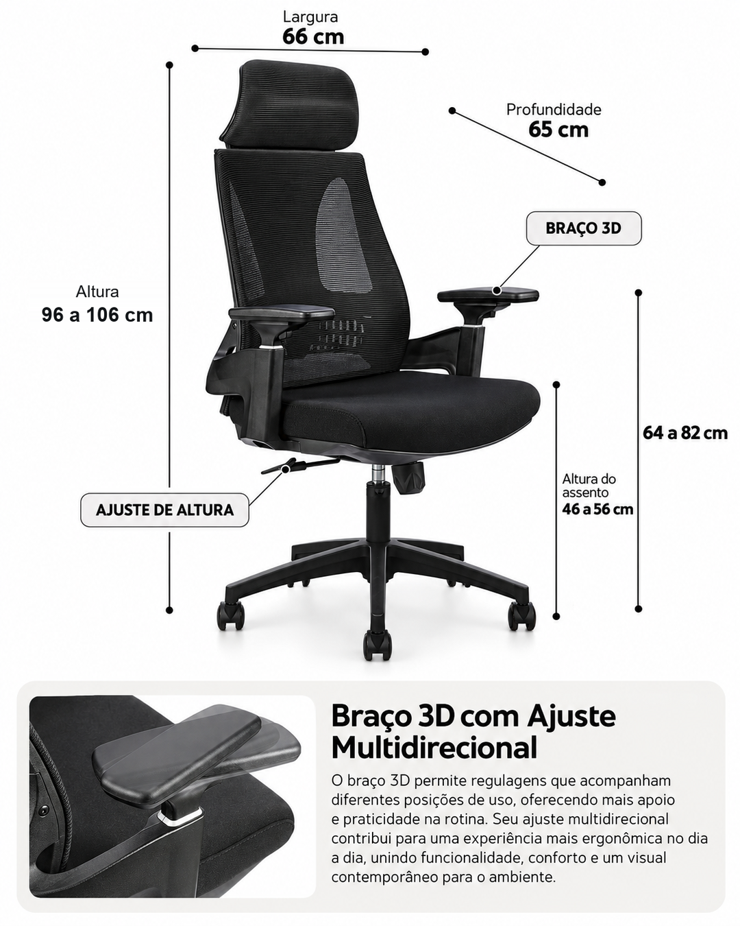 Cadeira de Escritório Ergonômica Giratória com Apoio de Braços e Regulagem de Altura Axis - Preta