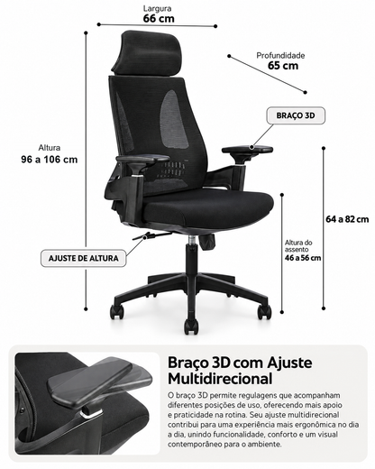 Cadeira de Escritório Ergonômica Giratória com Apoio de Braços e Regulagem de Altura Axis - Preta