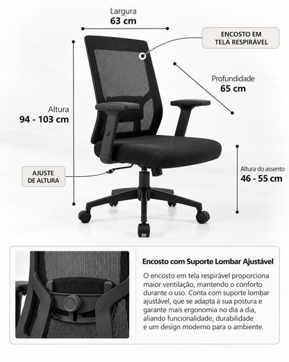 Cadeira de Escritório Ergonômica Giratória com Apoio de Braços e Regulagem de Altura Dalian - Preta