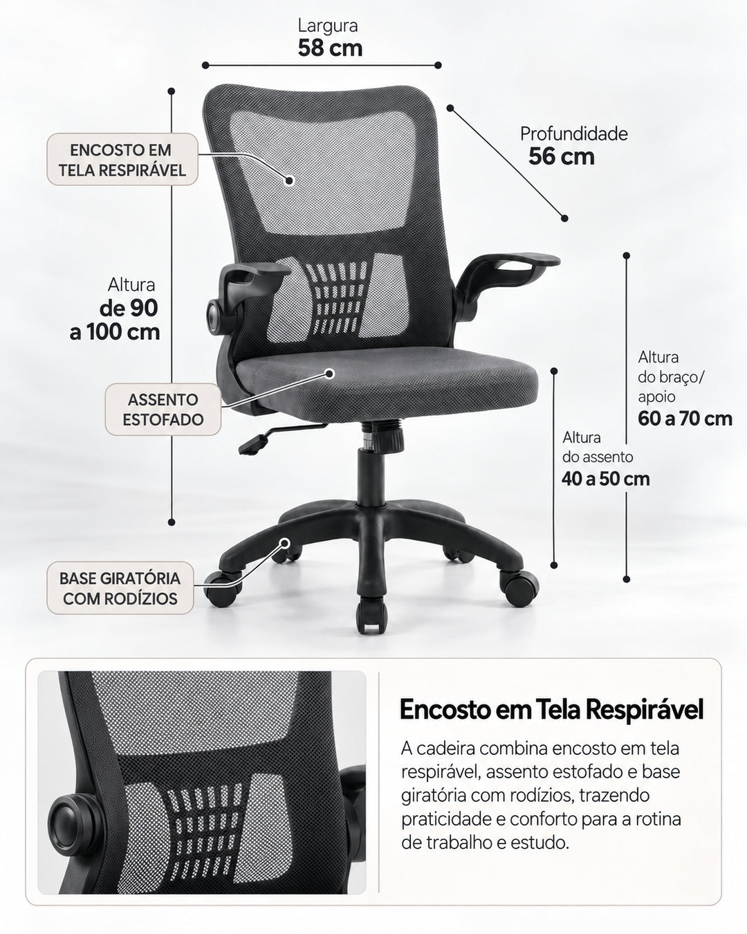 Cadeira de Escritório Ergonômica Giratória com Apoio de Braços e Regulagem de Altura Kobe - Preta