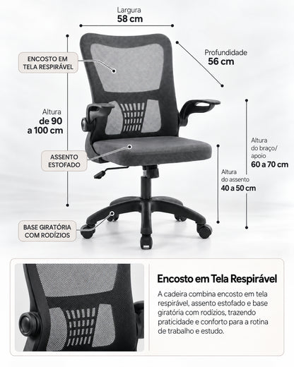 Cadeira de Escritório Ergonômica Giratória com Apoio de Braços e Regulagem de Altura Kobe - Preta