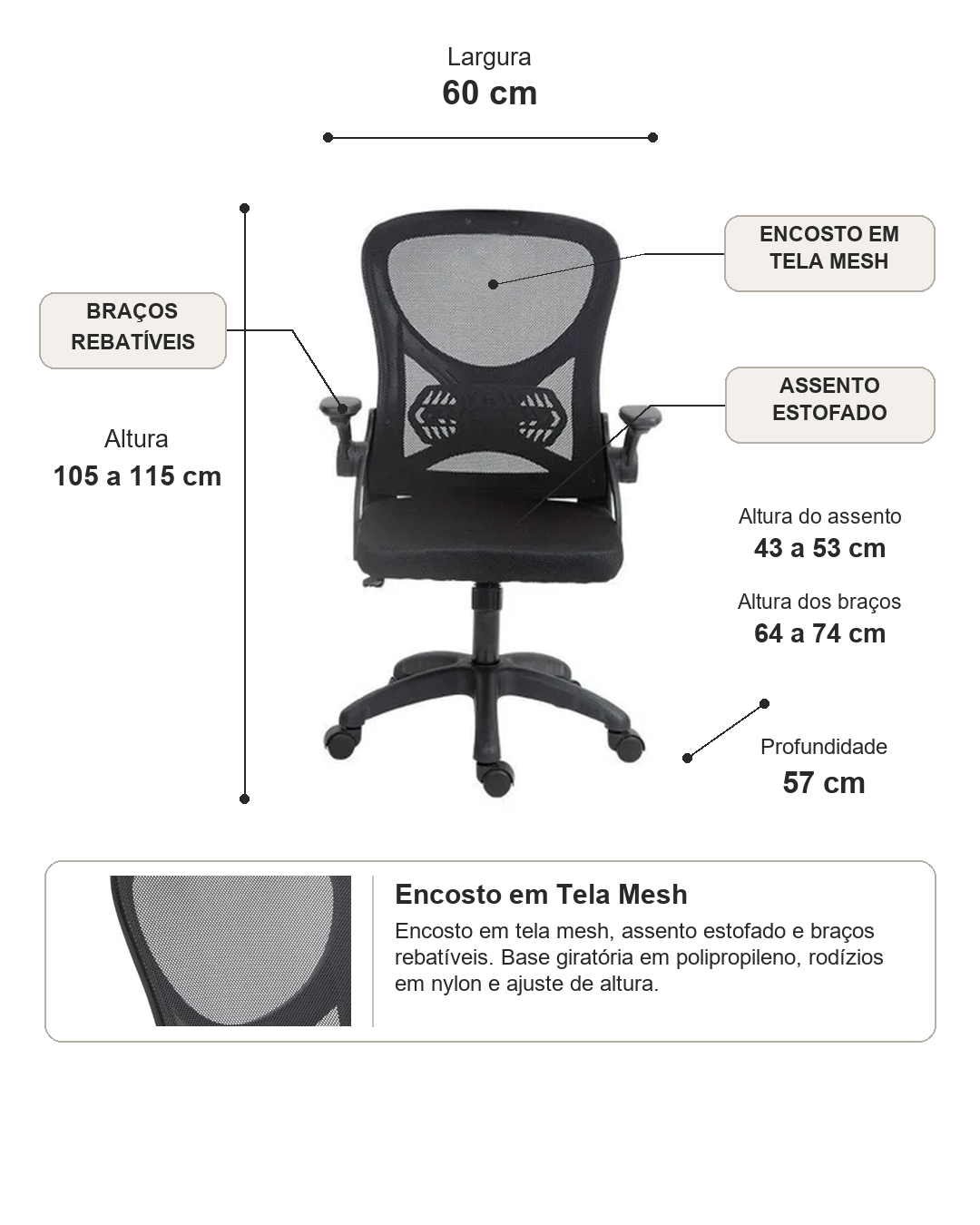 Cadeira de Escritório Ergonômica Giratória com Apoio de Braços e Regulagem de Altura Wuhan - Preta