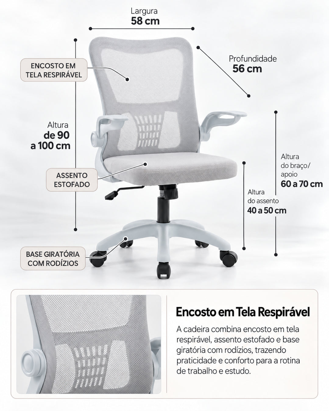 Cadeira de Escritório Ergonômica Giratória com Apoio de Braços e Regulagem de Altura Kobe - Branca