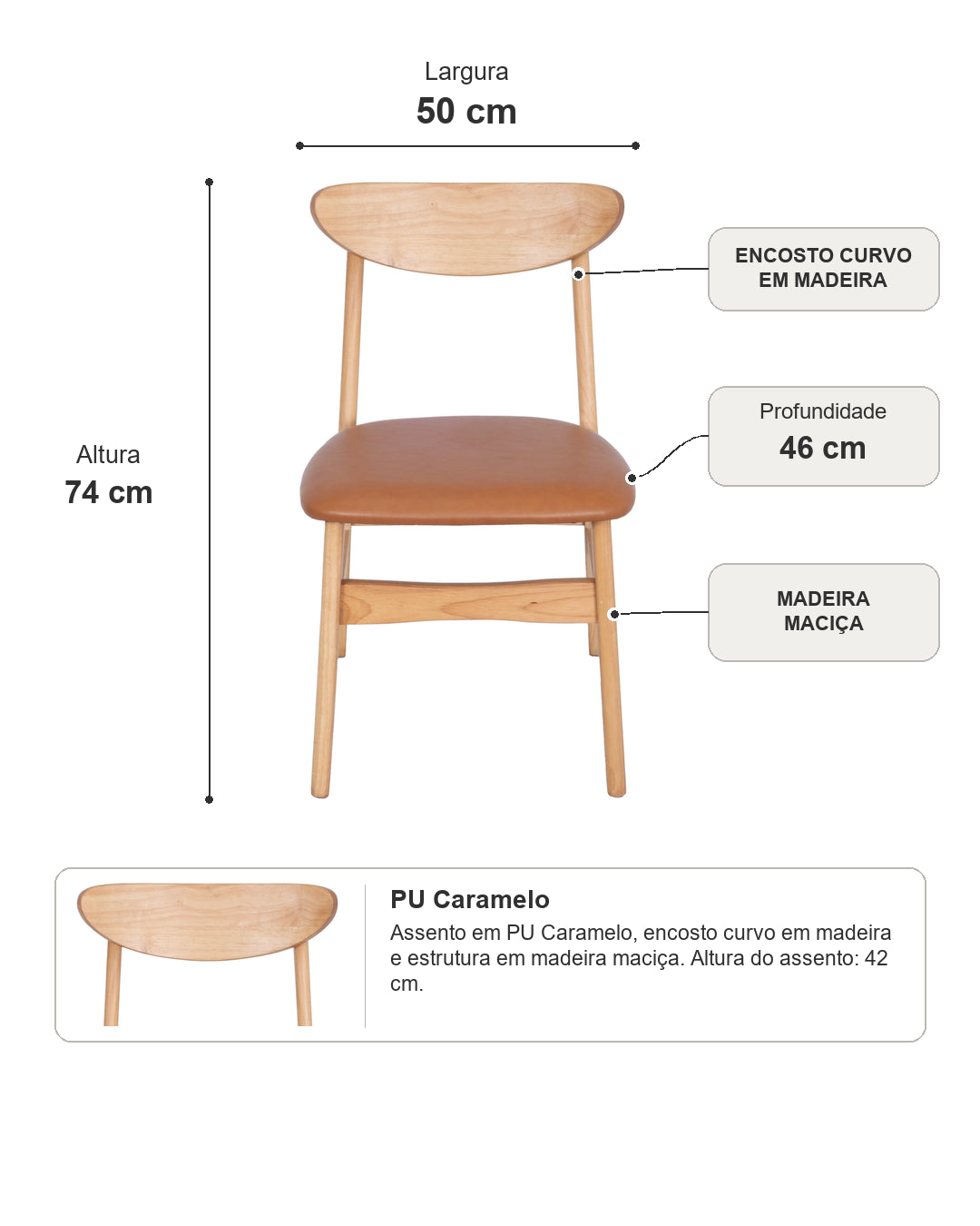 Cadeira de Madeira Maciça Estofada Auden - Natural c/ PU Caramelo