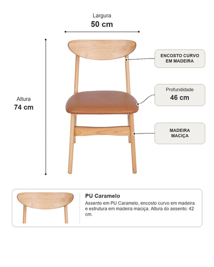 Cadeira de Madeira Maciça Estofada Auden - Natural c/ PU Caramelo