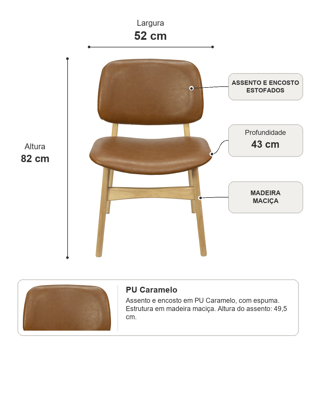 Cadeira de Madeira Maciça Estofada Elvan - Natural c/ PU Caramelo