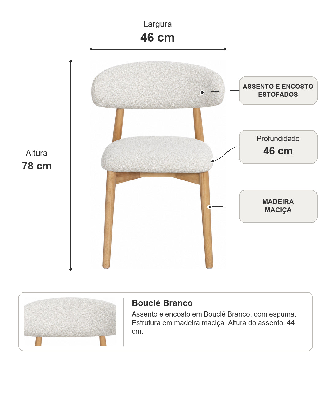 Cadeira de Madeira Maciça Estofada Orven - Natural c/ Boucle Branco