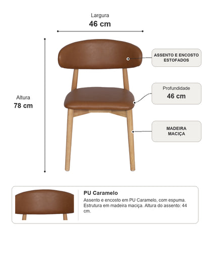 Cadeira de Madeira Maciça Estofada Orven - Natural c/ PU Caramelo