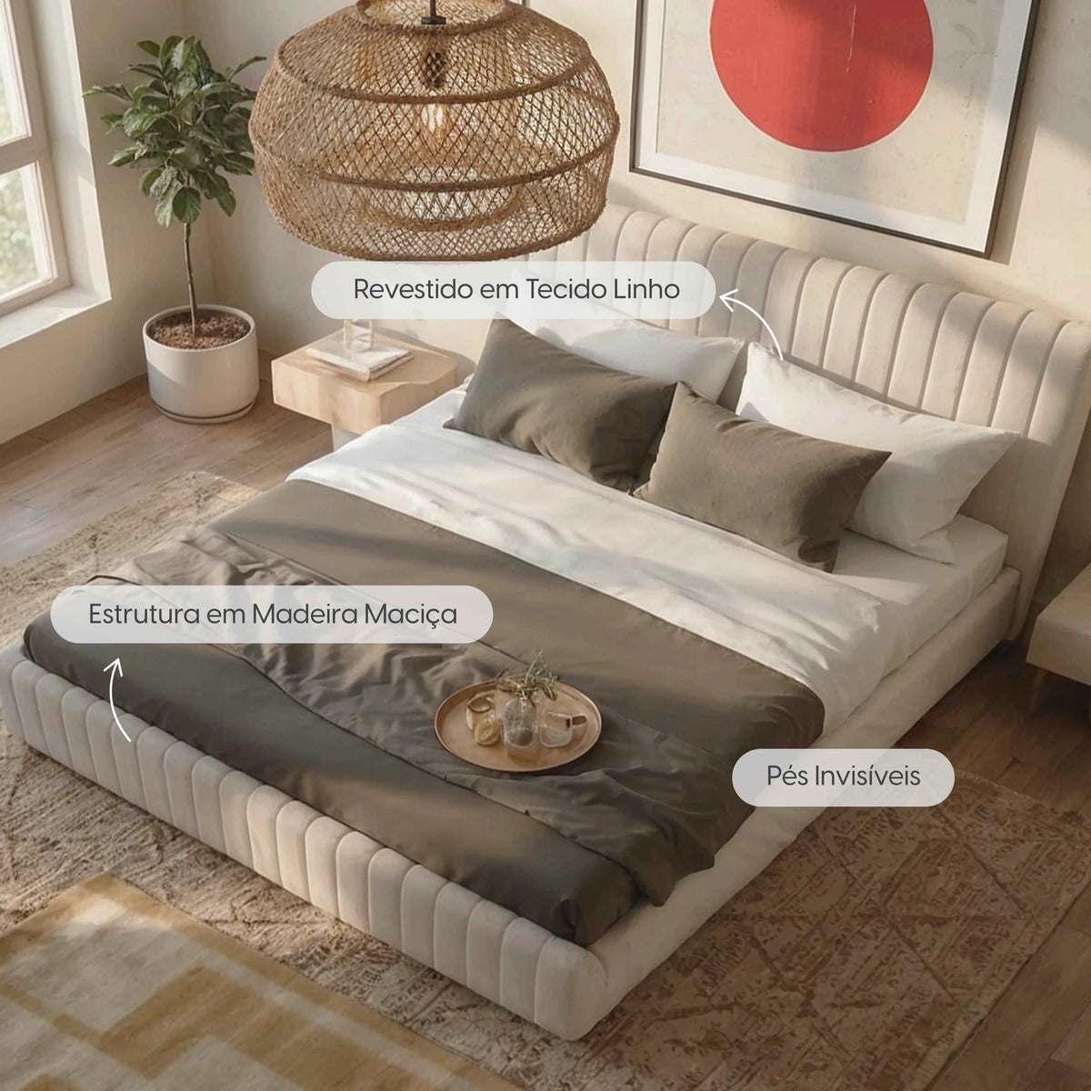 Cama Estofada Queen com Cabeceira Louise - Linho Off White