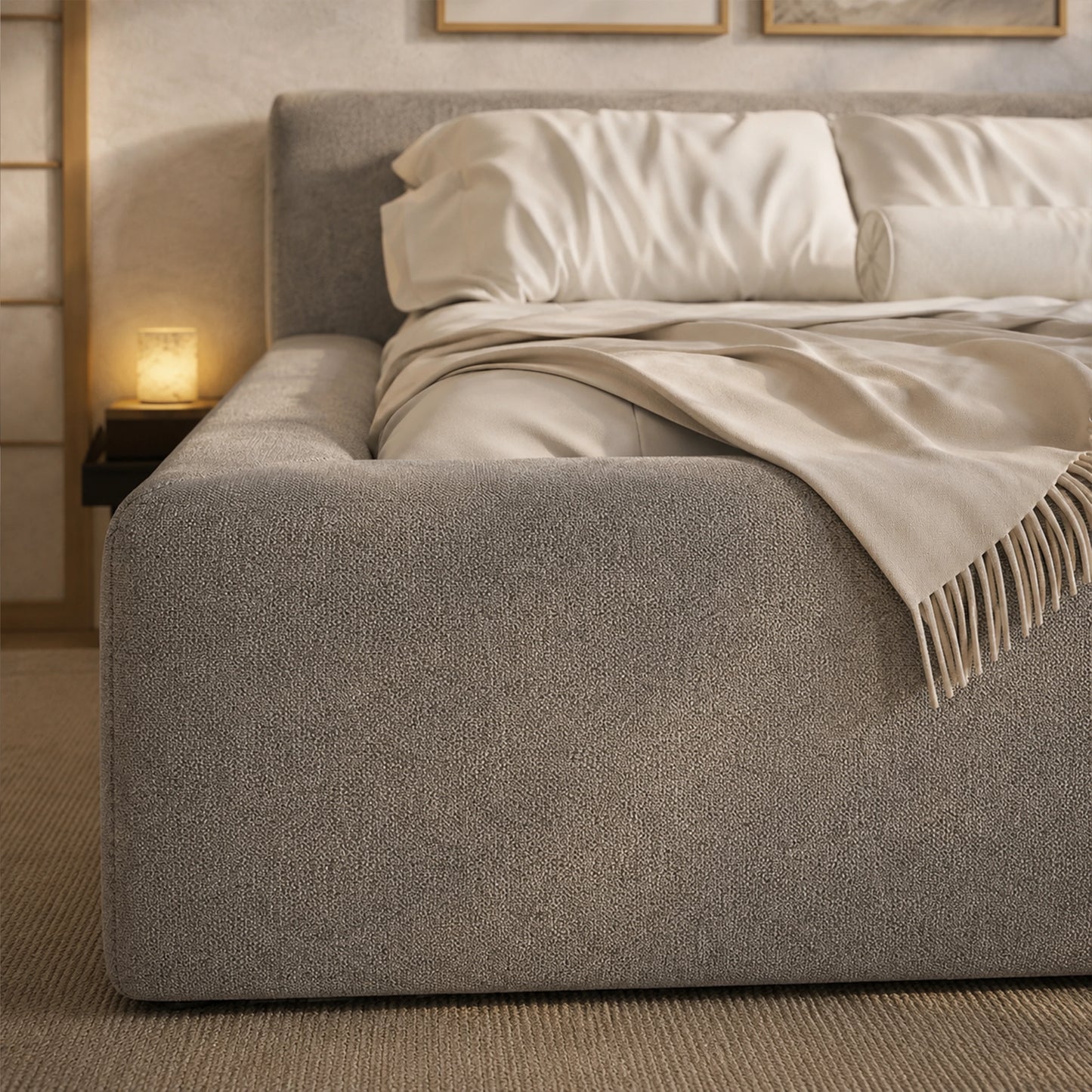 Cama Estofada de Casal com Cabeceira Nora - Linho Cinza
