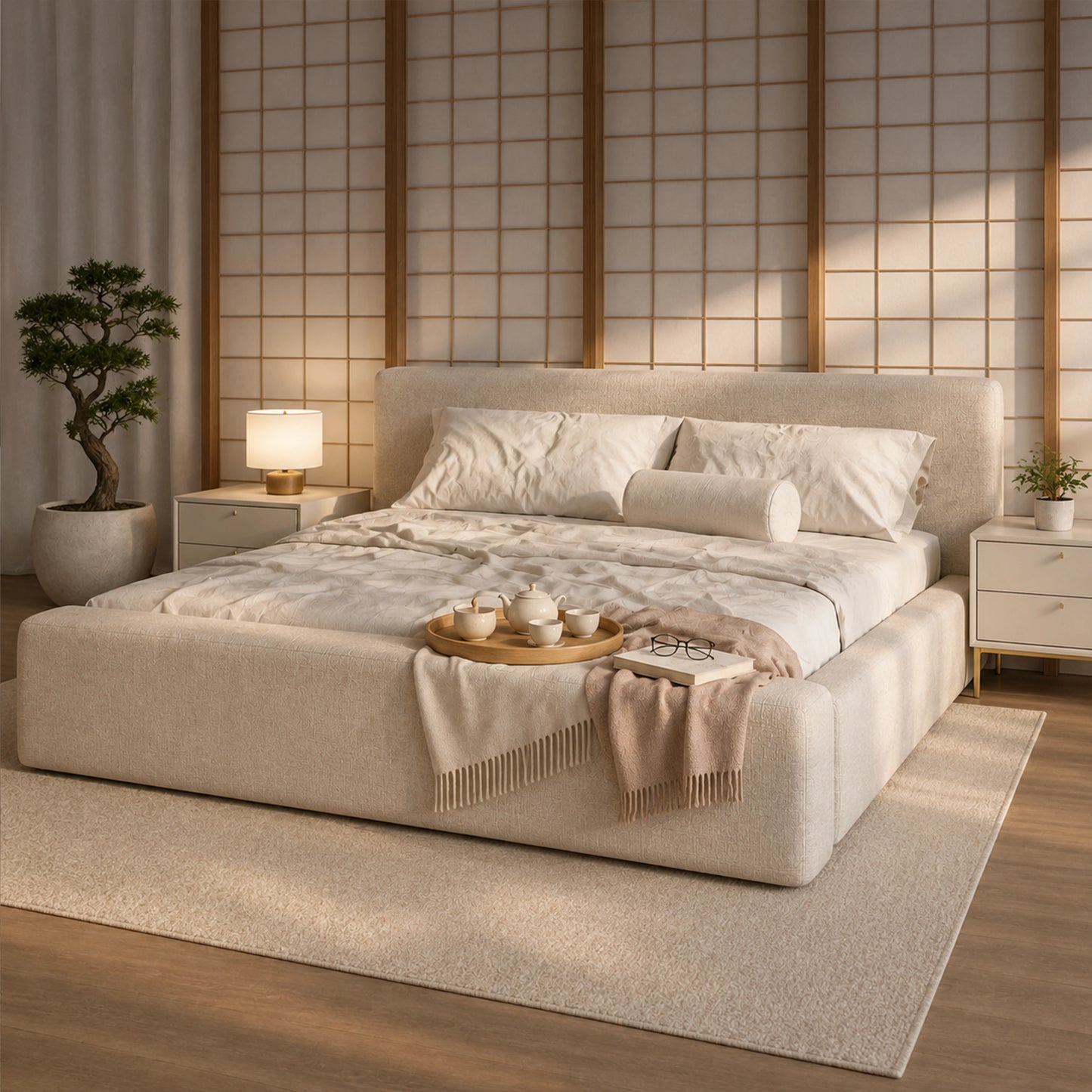 Cama Estofada de Casal com Cabeceira Nora - Linho Off White