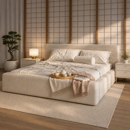 Cama Estofada de Casal com Cabeceira Nora - Linho Off White