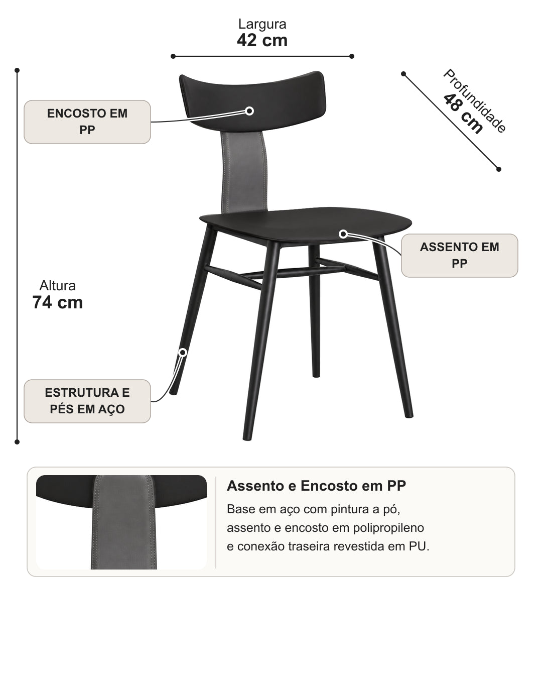 Conjunto de 2 Cadeiras de Aço Estofada Évoa - Preto e Cinza