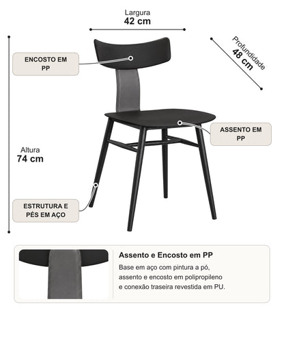 Conjunto de 2 Cadeiras de Aço Estofada Évoa - Preto e Cinza