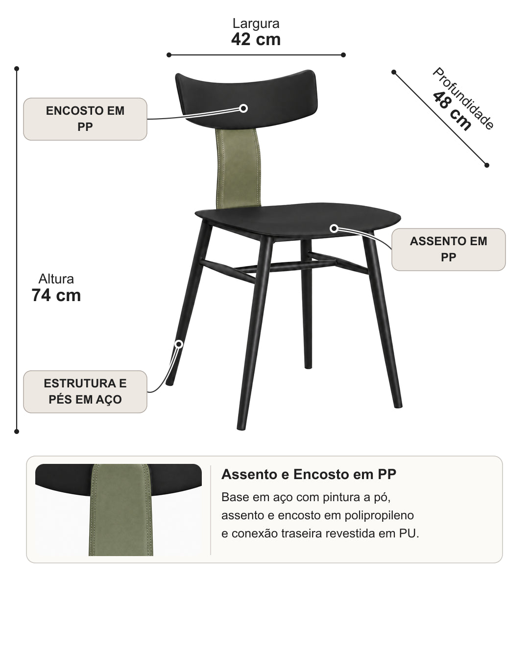 Conjunto de 2 Cadeiras de Aço Estofada Évoa - Preto e Verde