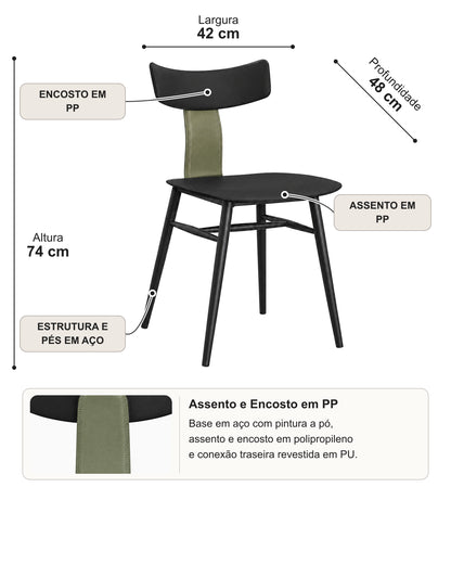 Conjunto de 2 Cadeiras de Aço Estofada Évoa - Preto e Verde