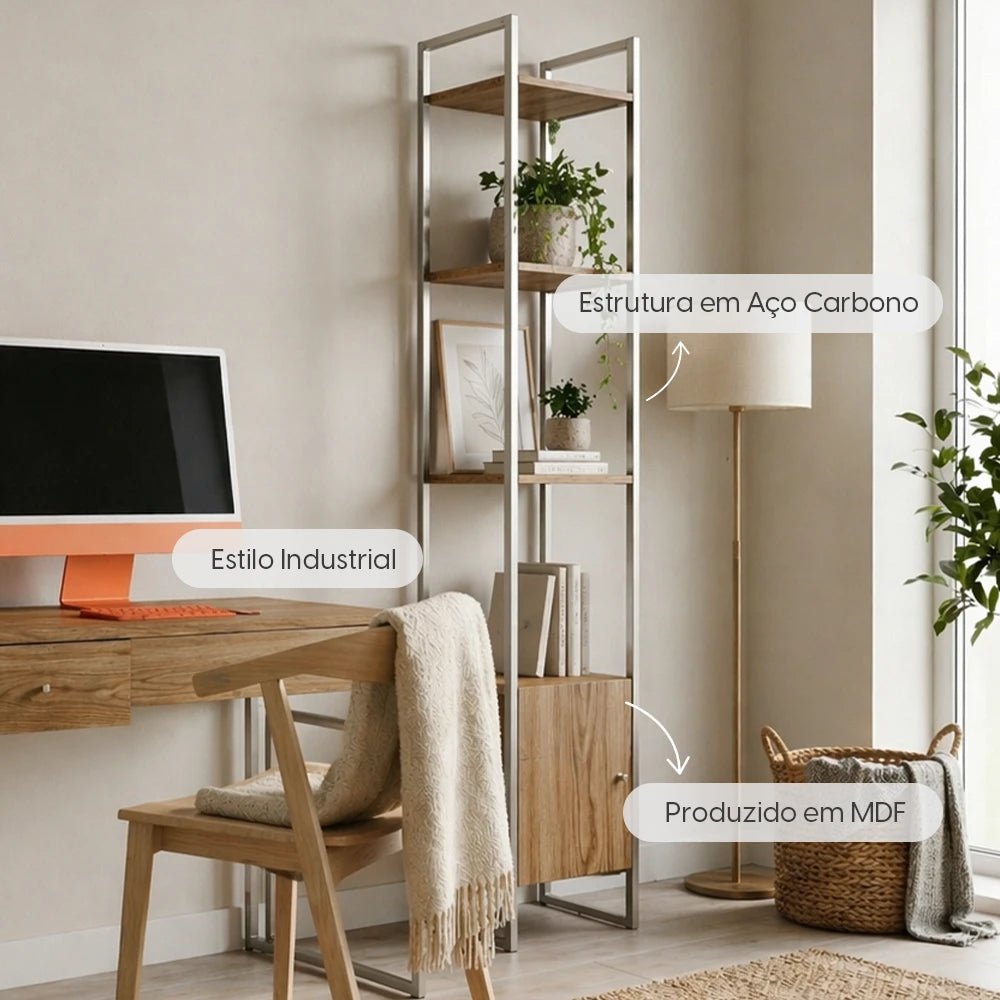 Estante com 3 Prateleiras 1 Porta MDF com Aço Voss 40 cm - Freijó c/ Champanhe
