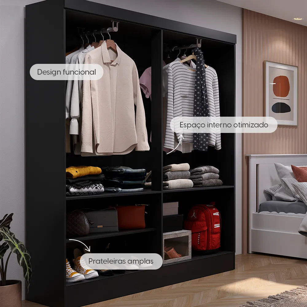 Guarda-Roupa Solteiro 4 Portas Jacob 135 cm - Preto