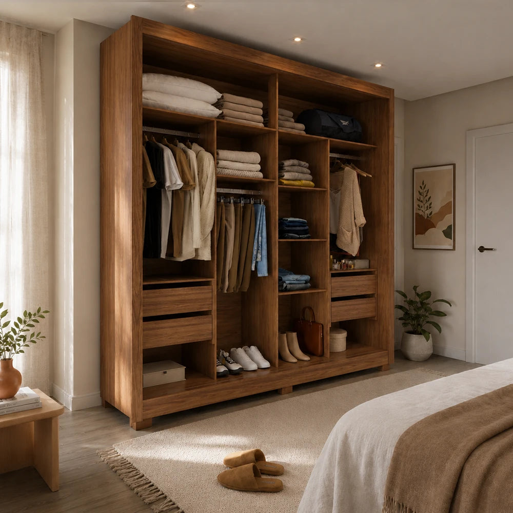 Guarda-Roupa Casal com Espelho 2 Portas de Correr 6 Gavetas Soho 240 cm - Canella c/ Off White