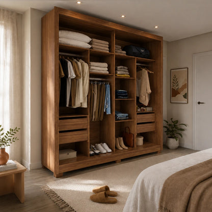 Guarda-Roupa Casal com Espelho 2 Portas de Correr 6 Gavetas Soho 240 cm - Canella c/ Off White
