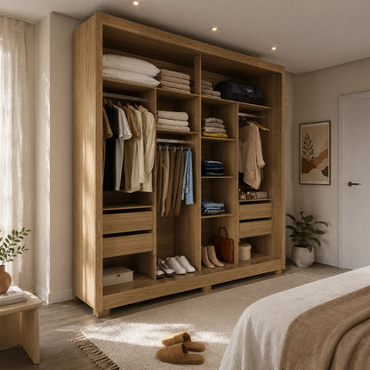 Guarda-Roupa Casal com Espelho 2 Portas de Correr 6 Gavetas Soho 240 cm - Carvalho c/ Off White