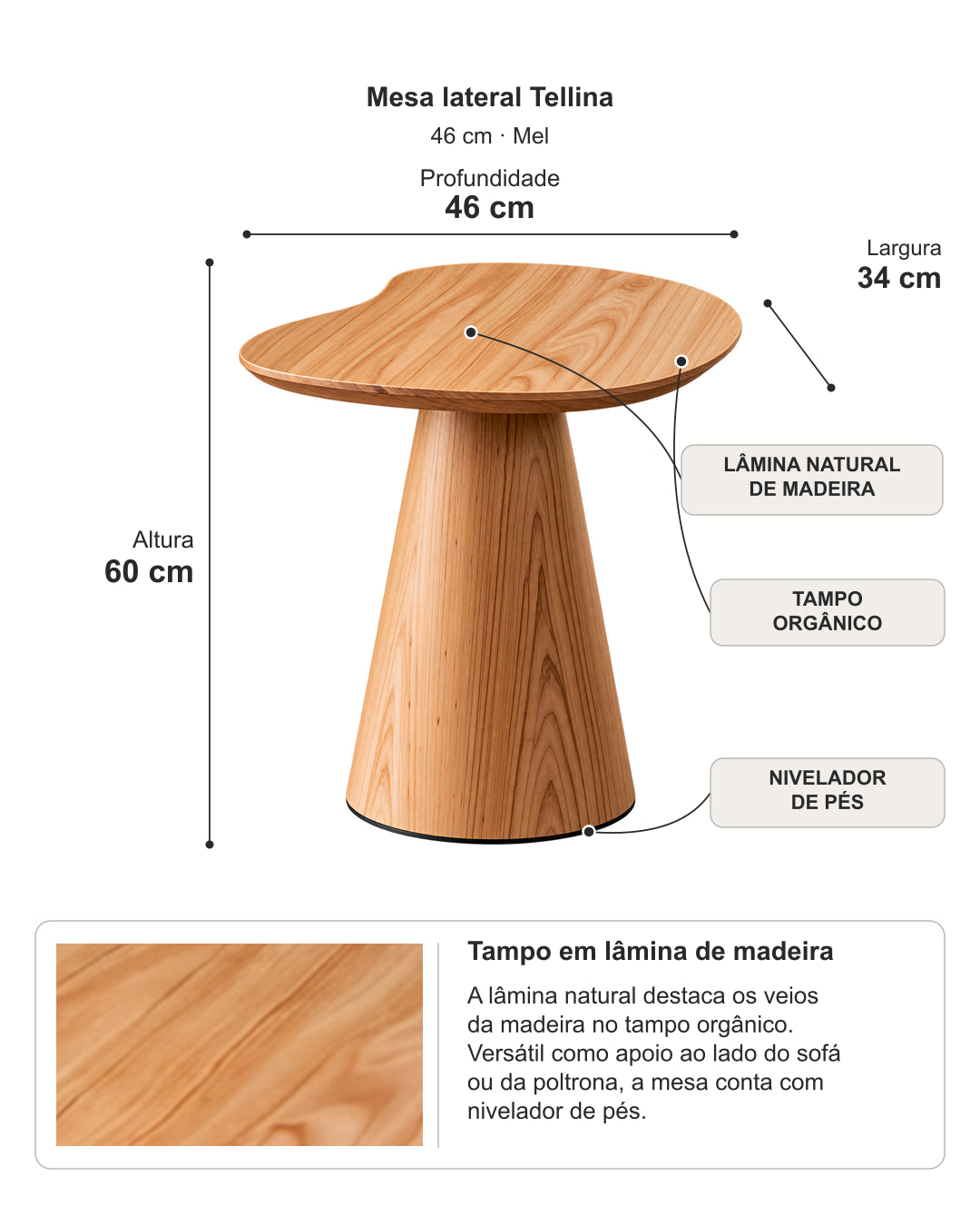Mesa Lateral com Tampo Orgânico de Lâmina de Madeira Tellina 46 cm - Mel