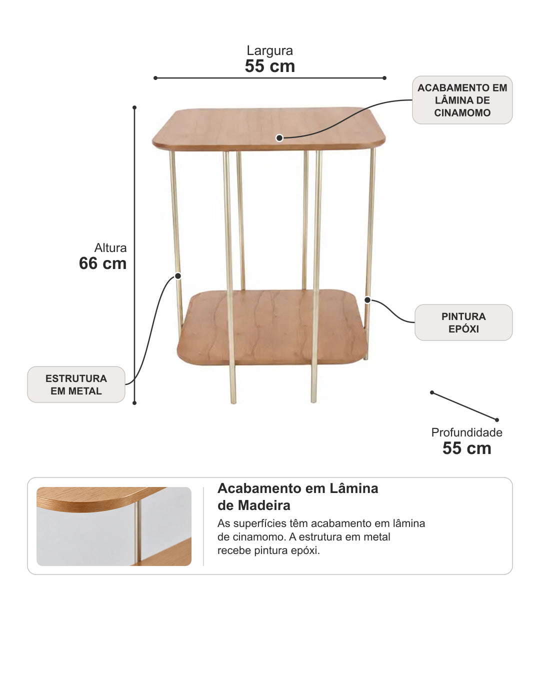 Mesa Lateral com Tampo em Lâmina de Madeira e pés em Metal Biophilia Alta - Mel c/ Champanhe