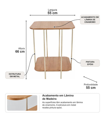 Mesa Lateral com Tampo em Lâmina de Madeira e pés em Metal Biophilia Alta - Mel c/ Champanhe