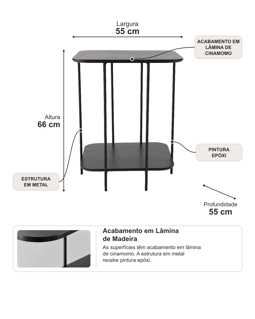 Mesa Lateral com Tampo em Lâmina de Madeira e pés em Metal Biophilia Alta - Preto