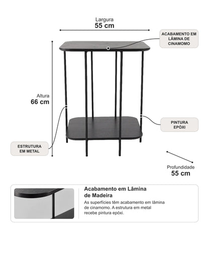 Mesa Lateral com Tampo em Lâmina de Madeira e pés em Metal Biophilia Alta - Preto
