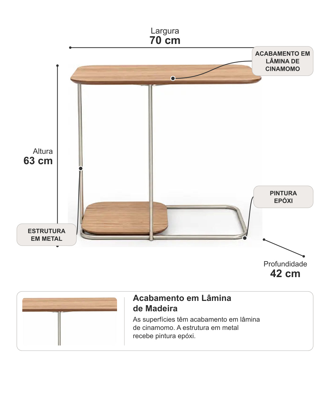 Mesa Lateral para Sofá com Tampo em Lâmina de Madeira e pés em Metal Biophilia - Mel c/ Champanhe