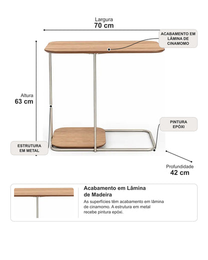 Mesa Lateral para Sofá com Tampo em Lâmina de Madeira e pés em Metal Biophilia - Mel c/ Champanhe