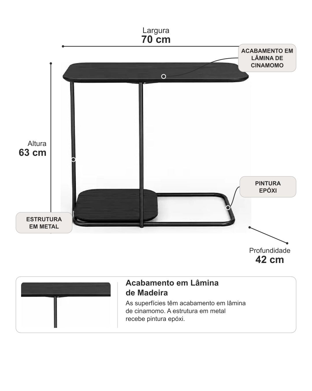 Mesa Lateral para Sofá com Tampo em Lâmina de Madeira e pés em Metal Biophilia - Preto