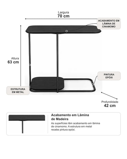 Mesa Lateral para Sofá com Tampo em Lâmina de Madeira e pés em Metal Biophilia - Preto